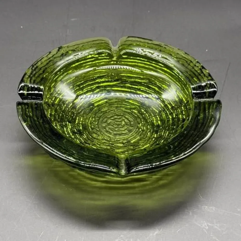Vintage MCM Anchor Hocking Soreno Avocado Green Textured Glass Ashtray 6.25”